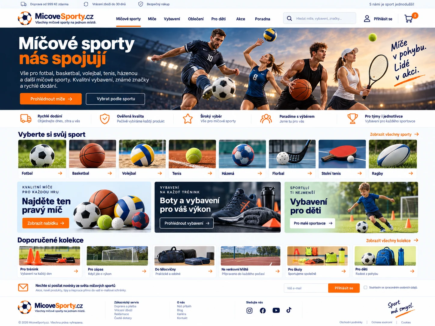 Ilustrační návrh e-shopu MicoveSporty.cz s různými míčovými sporty
